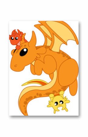 Flat design orange dragon is hovering on clear background with wings, spotted tail, tiny companions