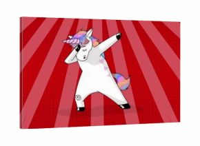 Dabbing white unicorn striking dab pose in red radial background, with rainbow mane and pink hearts