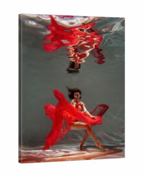 Graceful lady in scarlet dress posing underwater