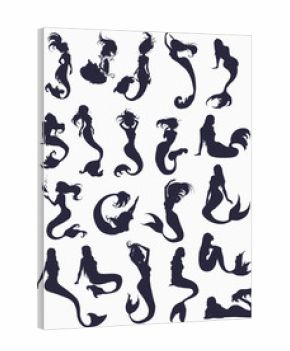 Set: Black-and-white ink sketch of mermaids. Hand realistic sketch of singing mermaid with moray eel. Vector illustration. Silhouette collection.
