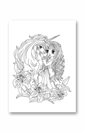 Coloring page The Unicorn and the princess in the Lilies