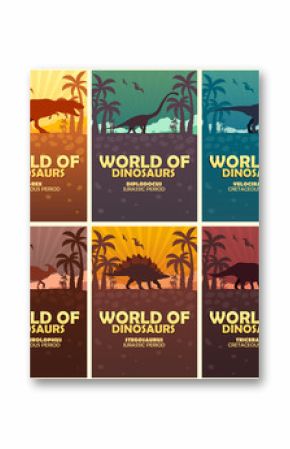 Posters collection World of dinosaurs. Prehistoric world. T-rex, Diplodocus, Velociraptor, Parasaurolophus, Stegosaurus, Triceratops. Cretaceous period. Jurassic period.
