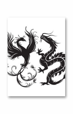  Silhouette of phoenix bird and dragon. Symbol of balance. Dragon that in such a combination would be a symbol of masculine Yang energy, while Phoenix - embody the feminine energy.