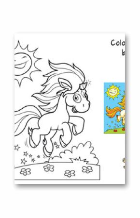 Cute little unicorn runs on the meadow. Coloring book. Cartoon vector illustration