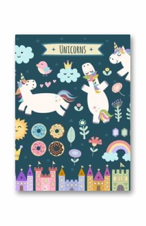 Unicorn and fairytale isolated elements for your design. Castles, rainbow, crystals, clouds and flowers. Cute clipart collection. Vector illustration