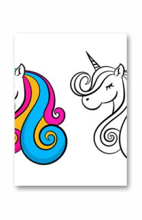 Vector cute unicorn  icon isolated, cartoon, illustration. Head portrait horse sticker, print a child's T-shirt, hand drawing of the lettering.