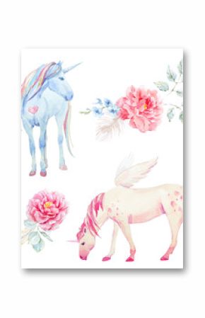 Watercolor unicorn and pegasus