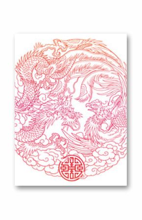 oriental dragon and phoenix outline