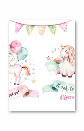 Isolated cute watercolor unicorn clipart. Nursery unicorns illustration. Princess rainbow unicorns poster. Trendy pink cartoon horse.