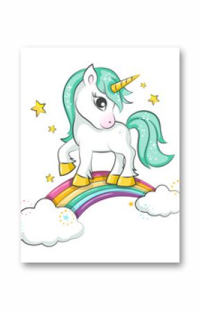 Cute magical unicorn and raibow. Vector design isolated on white background. Print for t-shirt or sticker. Romantic hand drawing illustration for children.