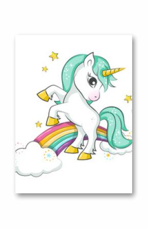Cute magical unicorn and raibow. Vector design isolated on white background. Print for t-shirt or sticker. Romantic hand drawing illustration for children.