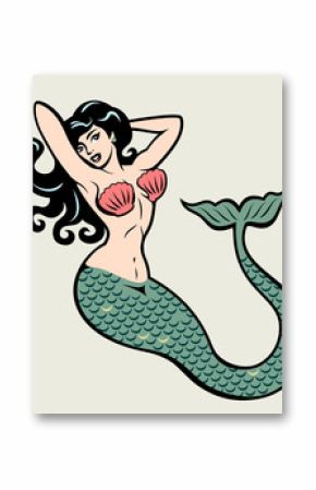 The image of a mermaid in the traditional style of Old school tattoo pin-up