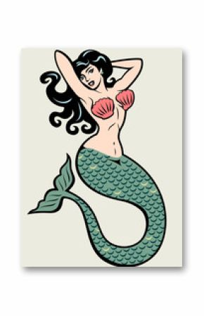 The image of a mermaid in the traditional style of Old school tattoo pin-up