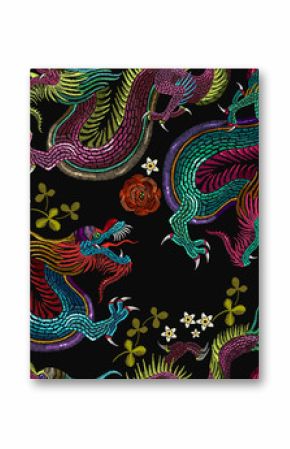 Embroidery vintage chinese dragons and flowers seamless pattern. Classical embroidery asian dragons and beautiful flowers seamless pattern. Art dragons t-shirt design. Clothes, textile art