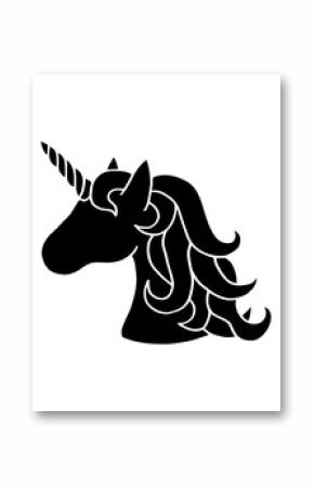 Black silhouette of unicorn. Vector illustration drawing, isolated on white background. Black shape of unicorn's head. Graphic icon, print or logo.