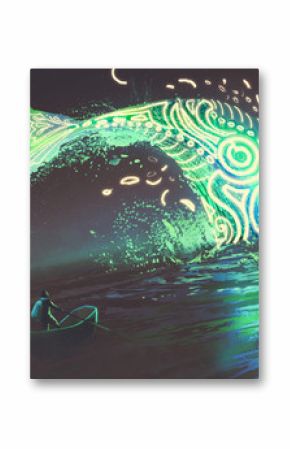 fantasy scenery of man on boat looking at the jumping glowing green whale in the sea, digital art style, illustration painting