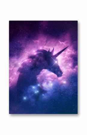 A unicorn silhouette in a galaxy nebula cloud. Raster illustration.