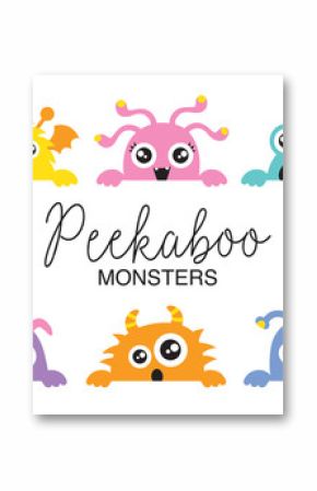 Set of cute peekaboo monsters vector illustration. Funny little monsters in various colors.