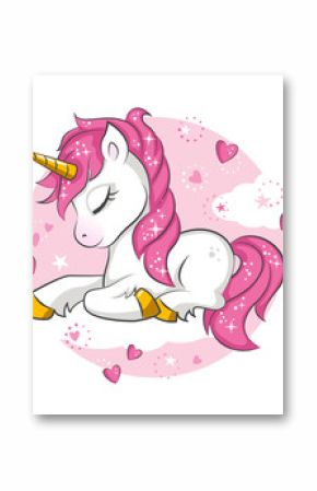 Cute little pink  magical unicorn. Vector design on white background. Print for t-shirt. Romantic hand drawing illustration for children.