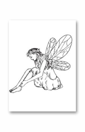 Beautiful young fairy sitting, side view, hand drawn outline doodle sketch, black and white vector illustration