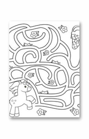 Help unicorn find path to ice cream. Labyrinth. Maze game for kids. Black and white vector illustration for coloring book 