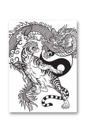 Chinese dragon versus tiger. Black and white tattoo vector illustration included Yin Yang symbol