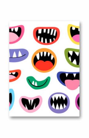 Funny vector monster mouths, open and closed with tongues and teeth for birthday party designs