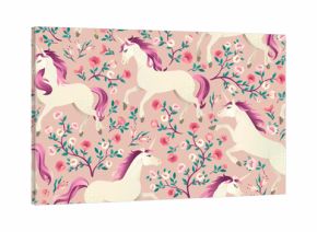 Hand drawn vintage Unicorn in magic forest seamless pattern. Vector illustration in Victorian style.