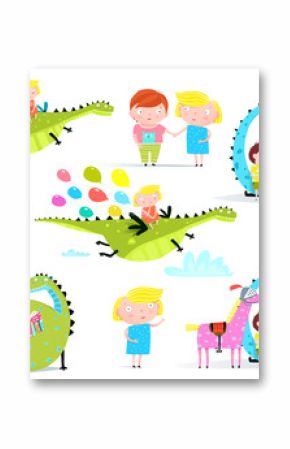 Fairy tale dragon reading a book to children cartoon.