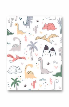 Cartoon seamless pattern with dinosaurs and palm trees