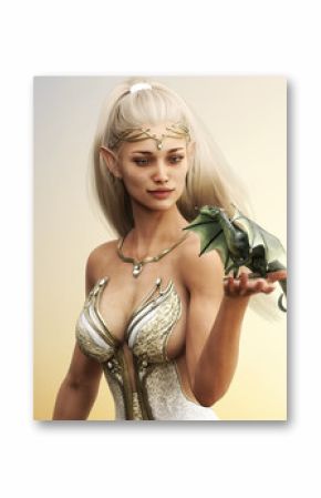 Portrait of a fantasy wood elf female with long golden flowing hair and her mythical green dragon .3d rendering