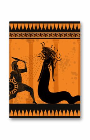 orange and black pottery painting of perseus fighting the medusa
