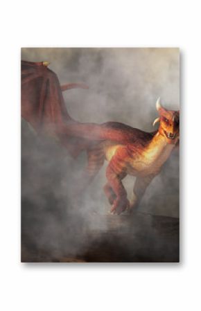A red dragon emerges from fog and smoke.  The monster of myth, fantasy and legend glares at you with a look of malice as it comes towards you. 3D Rendering