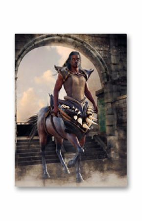 Fantasy centaur warrior holding two swords and standing in front of a stone gate. 3D render. The model in the image is a 3D object.