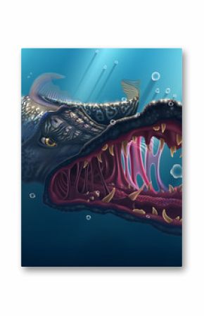 Predator fish seascape, shark drawing under water landscape, predatory pike in deep sea, ancient shark vector wildlife illustration, fishing poster with wild fish over blue background.