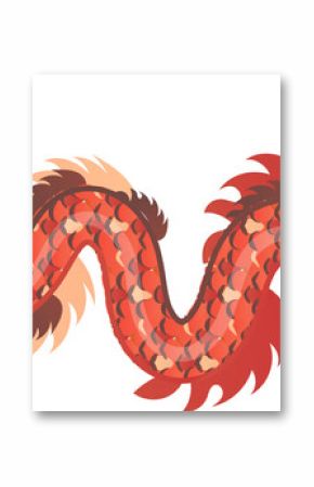 East Asian dragon is undulating in flat art with scales, whiskers, clouds, transparent background
