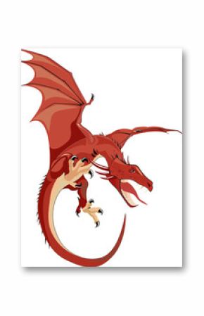 Flat design red dragon is flying with scales, bat wings and sharp claws on transparent background