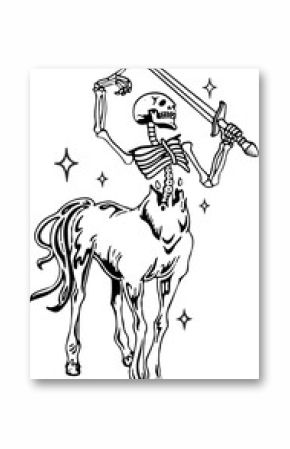 Line art illustration is showing skeletal centaur warrior wielding broadsword on transparent field