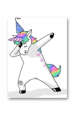 Flat design unicorn is dabbing on transparent background wearing striped party hat with oval shadow