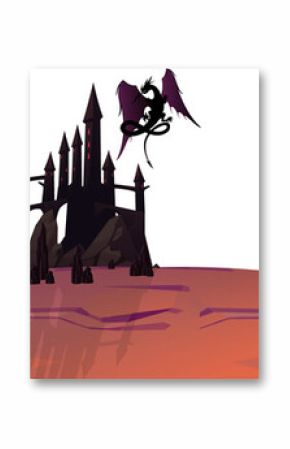 Vector castle silhouette and flying dragon are showing on gradient orb with transparent background