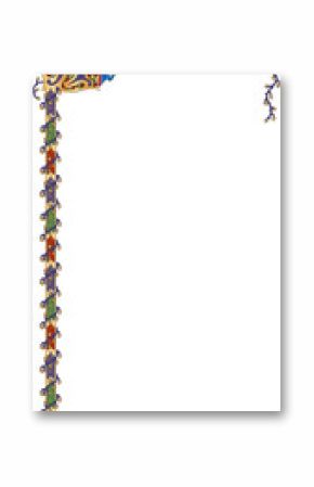 Illuminated border is showing gold trim, vines, initial, dragon and birds on transparent background