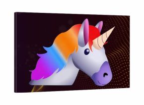 Stylized unicorn head with horn glowing in digital abstract backdrop, with colorful flowing mane