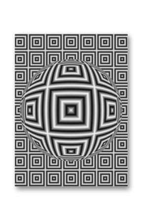 Black and white optical illusion square pattern with 3D sphere