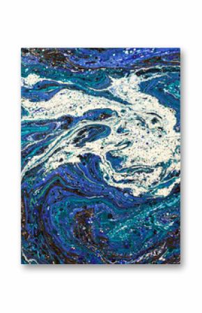 Creative abstract art background in blue tones with black lines and big white spot. Modern art. Acrylic painting. Liquid paint.