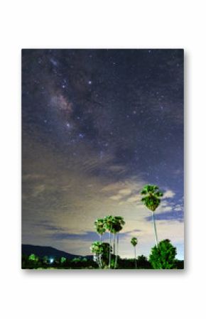 Milky way with cloud sky and sugar plam tree, Long exposure photograph.with grain