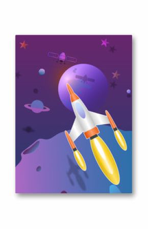 Space rocket flying  in the universe cute  art vector paper art  illustration