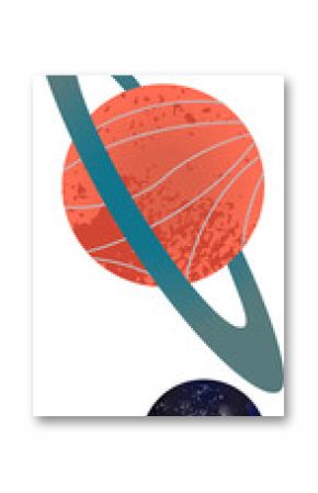Rendering two flat design planets in transparent void, showing red ringed orb and blue speckled orb