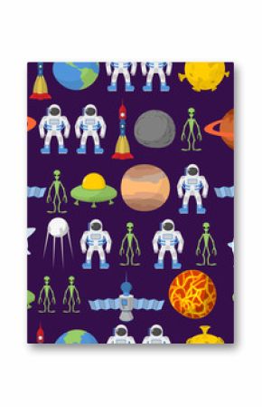 Cosmos seamless background, ornament. Spacecraft rockets and UFO