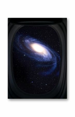 Window view of space with galaxy and stars.