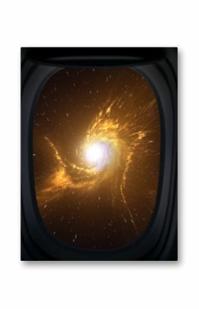 Window view of space with galaxy and stars.